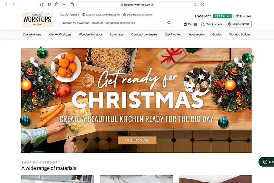 House of Worktops website homepage with a Christmas campaign